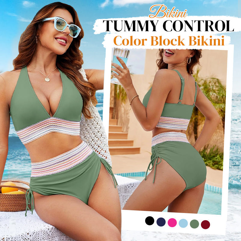 🔥Sommersalg 49 % RABATT💥👙Bikinisett med magekontroll og fargeblokker