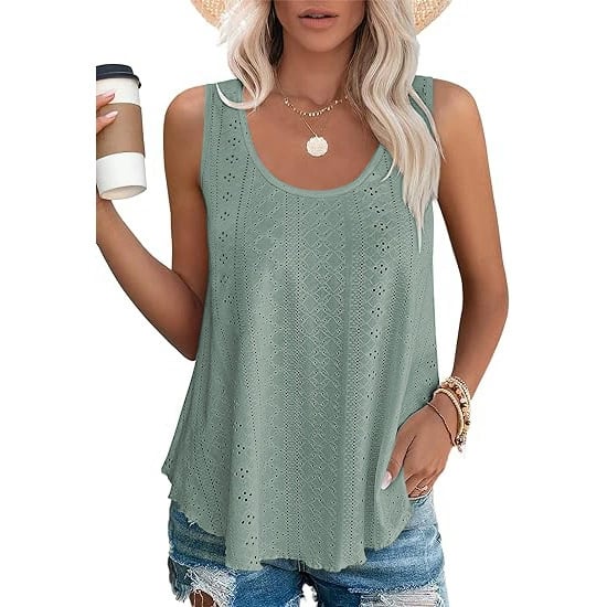 Dame-T-topper Ermeløs Mønster Brodert Scoop Neck Løs passform Avslappet Sommer Flagrende