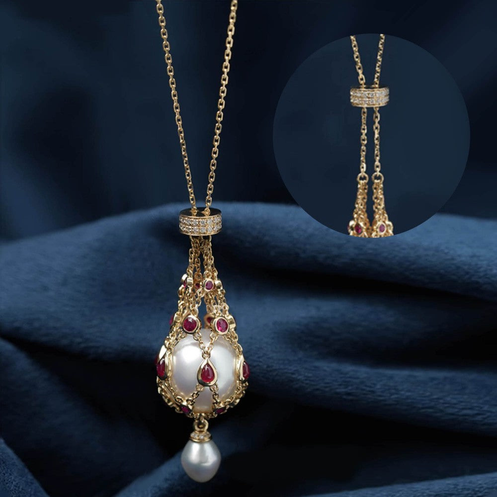14,0–15,0 mm ferskvannsperle og blå edelsten Lavalier-anheng