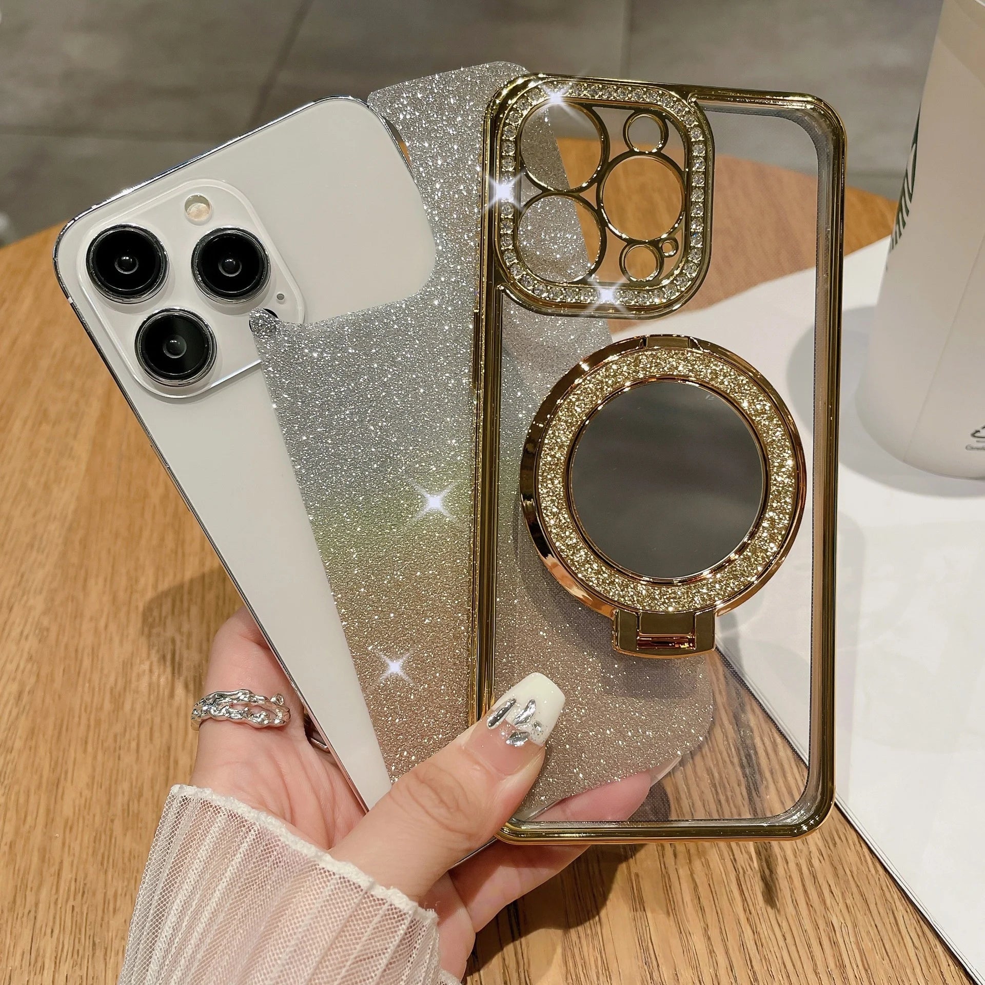 📲✨ Glitter- og gradientsminkespeil med beskyttende deksel