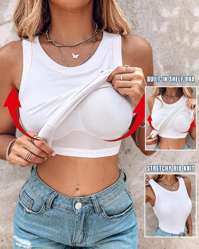 Chicme rund hals innebygd BH ribbet tanktopp passform avslappet komfortabel-💥