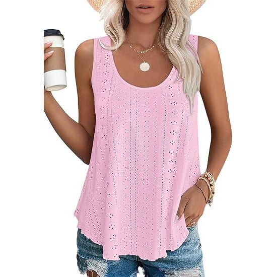 Dame-T-topper Ermeløs Mønster Brodert Scoop Neck Løs passform Avslappet Sommer Flagrende