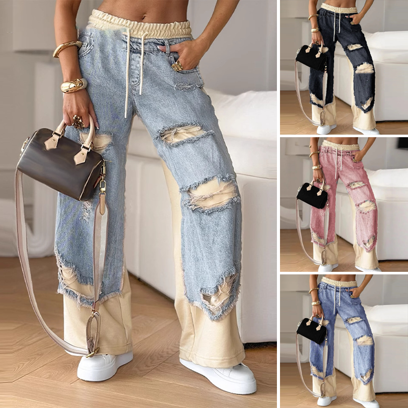 Patchwork-denimbukser med elastisk snøre og brede ben