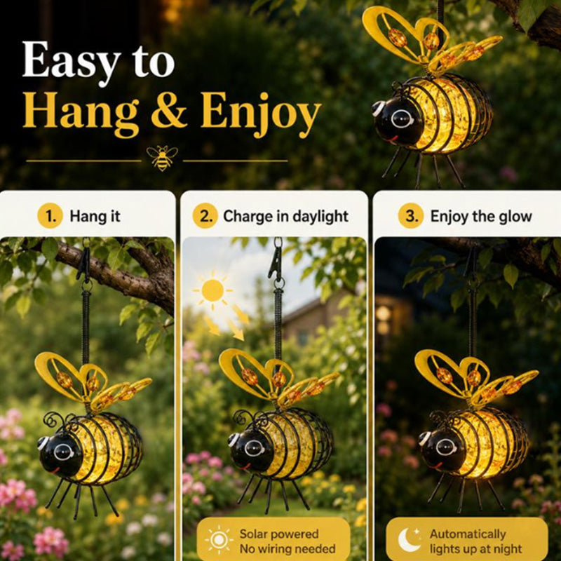 🌙🐝 Hängande solcellslampa med bi-design – varmt bärnstensfärgat sken, flimmerfri och perfekt för trädgårdsfester, camping eller barnrum – sprider glädje både dag och natt 🌞🌜